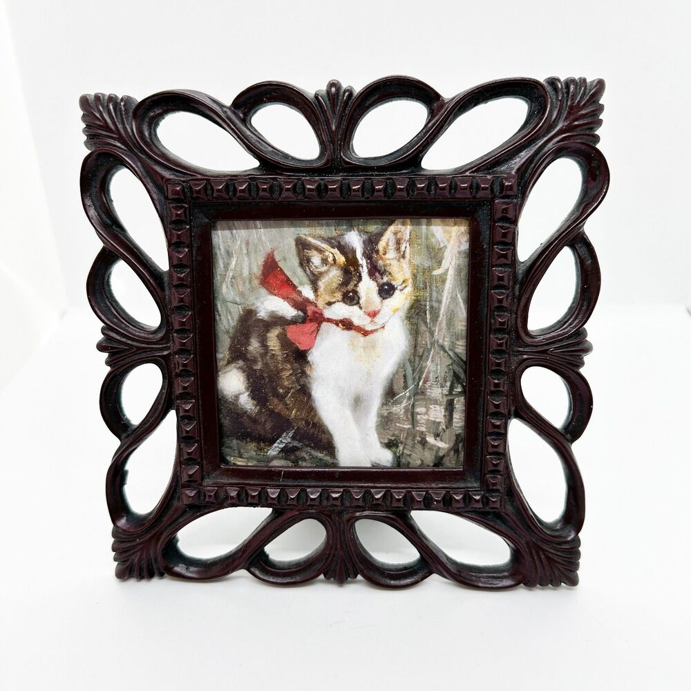 Vintage "Wood" Framed Calico Cat Kitten Red Bow Cottagecore